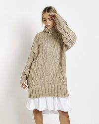 River Island Petite Beige Knit Mini Sweater Shirt Dress - Natural