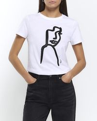 River Island - White Satin Print T-shirt - Lyst