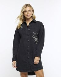 River Island - Black Denim Embellished Mini Shirt Dress - Lyst