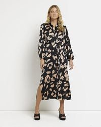River Island - Black Satin Animal Print Midi Shirt Dress - Lyst
