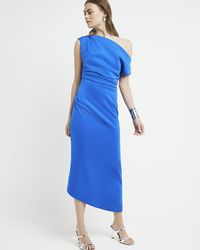 River Island - Blue Asymmetric Bodycon Midi Dress - Lyst