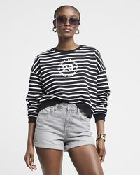 River Island - Black Stripe Paris Crop Sweatshirt - Lyst