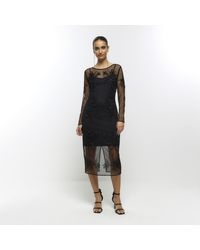River Island - Black Mesh Embellished Bodycon Midi Dress - Lyst