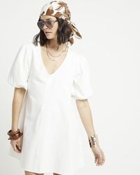 River Island - White Denim Puff Sleeve Smock Mini Dress - Lyst