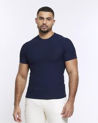 River Island - Navy Muscle Fit Brick Knit T-shirt - Lyst