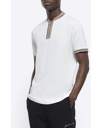 River Island - Ecru Textured Taped Polo - Lyst