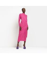 River Island - Pink Animal Print Satin Wrap Midi Dress - Lyst