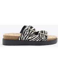 River Island - White Leather Animal Print Buckle Sandals - Lyst