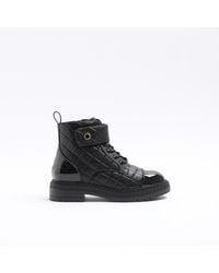River Island - Black Quilted Lace Up Boots - Lyst