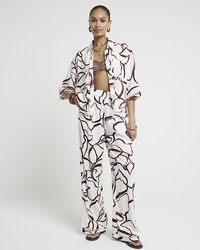 River Island - Brown Linen Blend Abstract Crochet Trim Shirt - Lyst