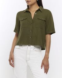 River Island - Khaki Utility Cropped Shirt With Linen - Lyst