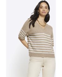River Island - Beige Knit Stripe T-shirt - Lyst