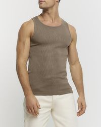 River Island - Washed Khaki Muscle Fit Rib Vest - Lyst