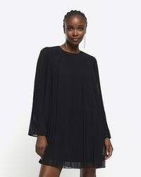 River Island - Black Plisse Long Sleeve Shift Mini Dress - Lyst