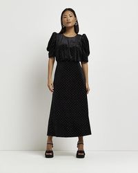 River Island - Petite Black Velvet Studded Midi Dress - Lyst