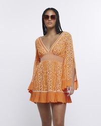 River Island - Orange Floral Embroidered Beach Mini Dress - Lyst