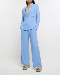 River Island - Blue Wide Leg Trousers With Linen - Lyst