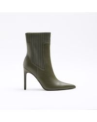 River Island - Green Knit Detail Heeled Ankle Boots - Lyst