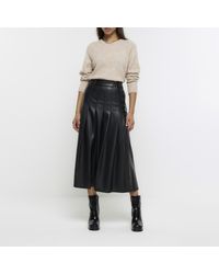 River Island - Black Faux Leather Pleated Midi Skirt - Lyst