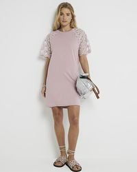 River Island - Pink Broderie Sleeve T-shirt Mini Dress - Lyst