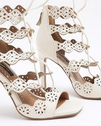 River Island - Cream Cut Out Tie Up Heeled Sandals - Lyst