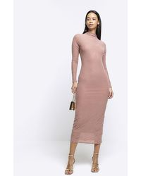 River Island - Pink Mesh Long Sleeve Bodycon Midi Dress - Lyst