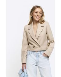 River Island - Petite Beige Double Breasted Cropped Blazer - Lyst