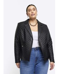 River Island - Plus Black Faux Leather Quilted Blazer - Lyst