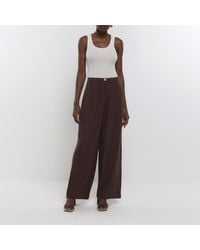 River Island - Brown Pleated Wide Leg Trousers With Linen - Lyst