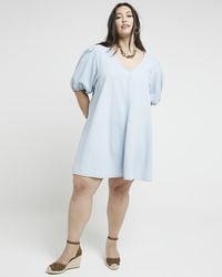 River Island - Plus Blue Denim Puff Sleeve Shift Mini Dress - Lyst