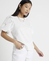 River Island - Petite White Floral Puff Sleeves Top - Lyst