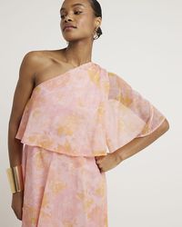 River Island - Pink Floral One Shoulder Layered Midi Dress - Lyst
