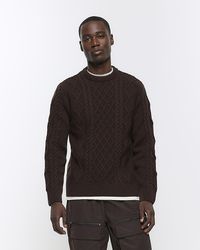 River Island - Brown Slim Fit Cable Knit Jumper - Lyst