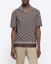 River Island - Brown Regular Fit Geometric Revere Shirt - Lyst