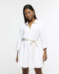 River Island - Petite White Mini Shirt Dress With Linen - Lyst