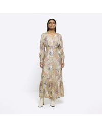 River Island - Gold Floral Patchwork Belted Swing Midi Dress - Lyst