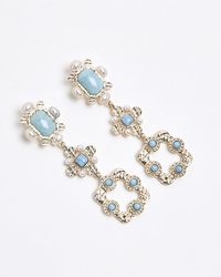 River Island - Blue Stone And Pearl Drop Earrings - Lyst