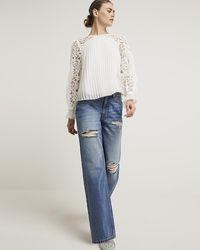 River Island - White Plisse Lace Sleeve Blouse - Lyst
