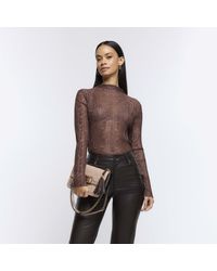 River Island - Brown Lace Long Sleeve Top - Lyst