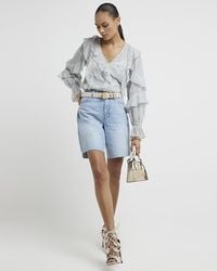 River Island - Blue Frill Fluted Cuff Blouse - Lyst