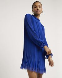 River Island - Blue Plisse Lace Hem Shift Mini Dress - Lyst