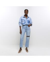 River Island - Blue Straight High Waisted Cropped Jeans - Lyst