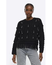 River Island - Pearl Fringed Cable Knit Jumper - Lyst