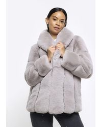 River Island - Grey Panelled Faux Fur Coat - Lyst