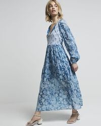 River Island - Blue Floral Glitter Detail Smock Maxi Dress - Lyst