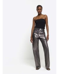 River Island - Grey High Waisted Straight Coated Jeans - Lyst