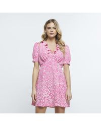 River Island - Pink Heart Print Frill Swing Mini Dress - Lyst