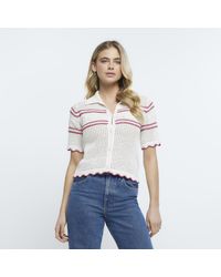 River Island - Cream Crochet Stripe Polo T-shirt - Lyst