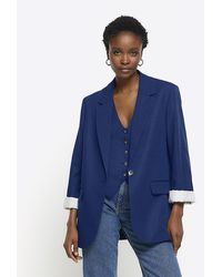 River Island - Navy Rolled Sleeve Relaxed Blazer - Lyst