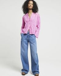 River Island - Pink Lace Button Up Blouse - Lyst